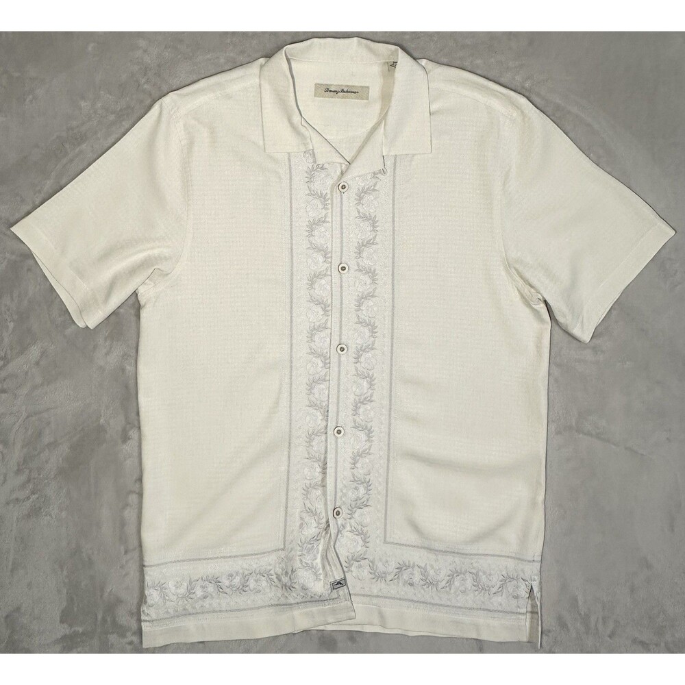 Tommy Bahama Silk Embroidered Camp Shirt Men's M Ivory Hawaiian Button Front